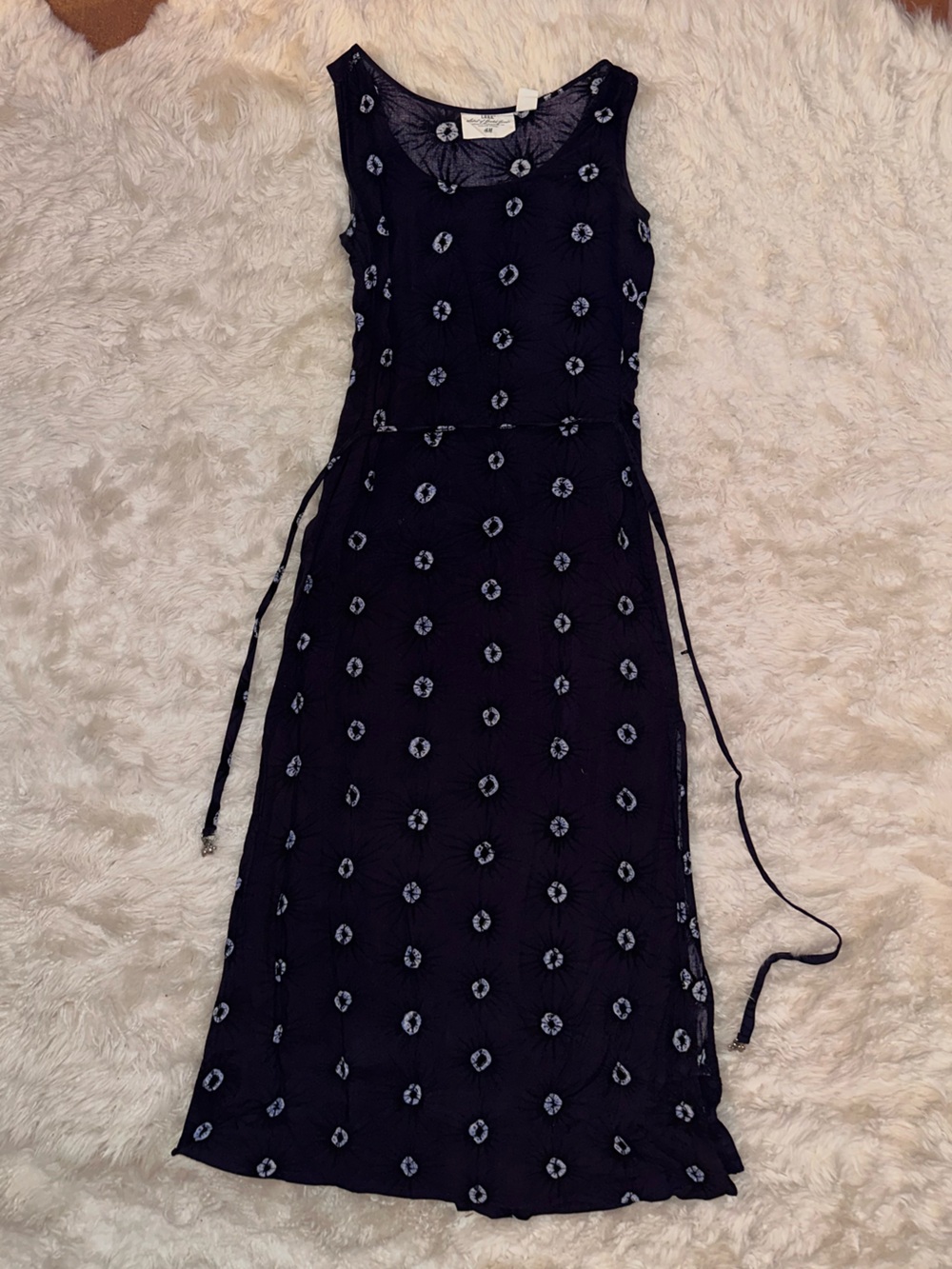Navy/Indigo Maxi Dress with White Dot Print and Tie Waist w/ charms